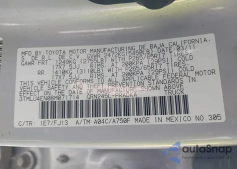 2011 Toyota Tacoma Base V6 z USA, uszkodzony, nr VIN 3TMLU4EN0BM071714